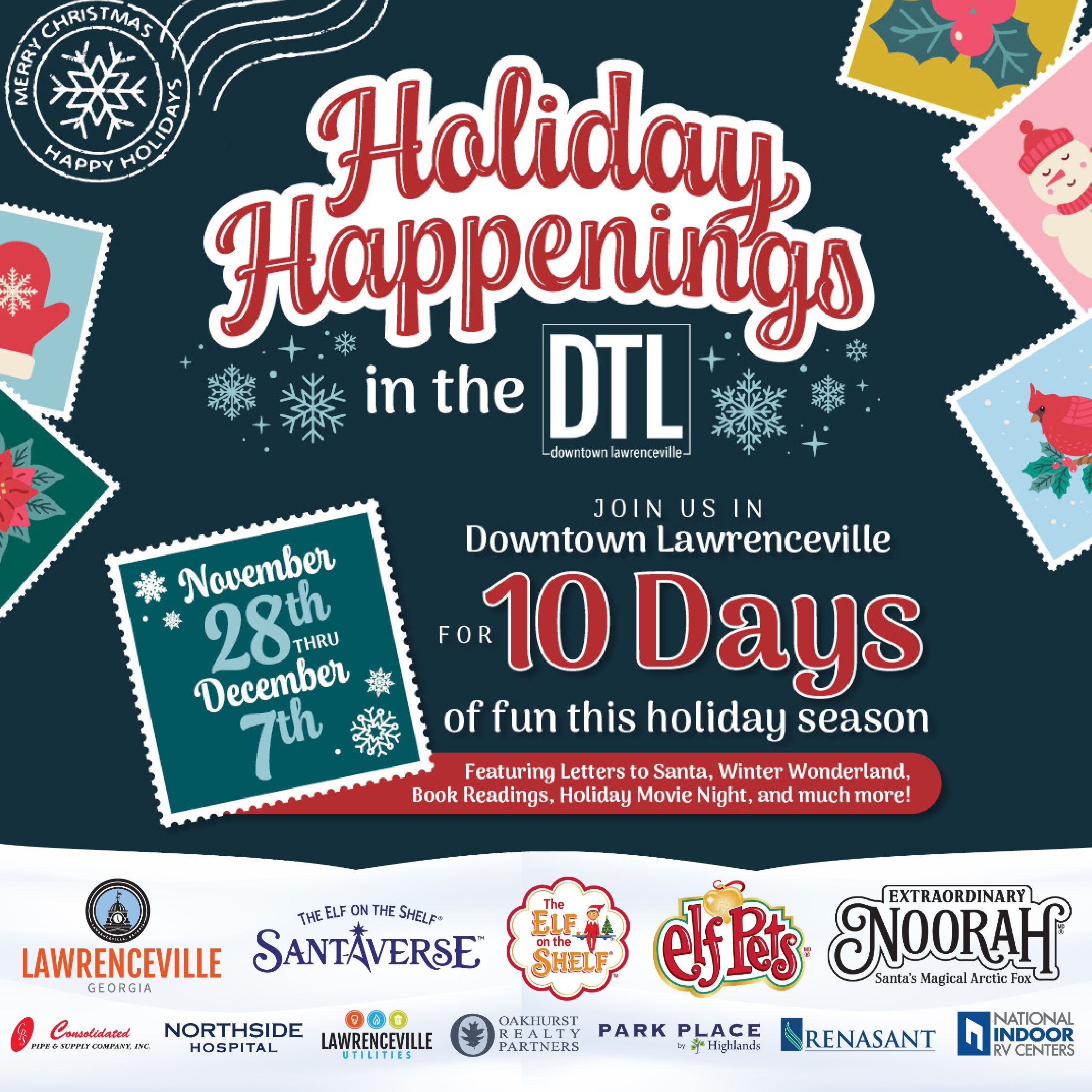 Holiday Happenings in the DTL with colorful graphics of stamps