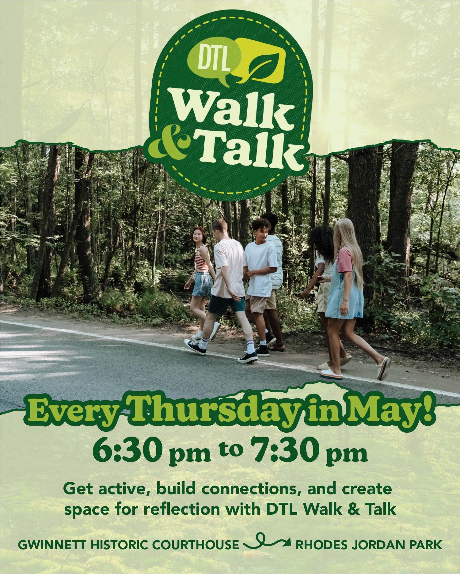 DTL Walk and Talk event with image of people walking on a paved trail
