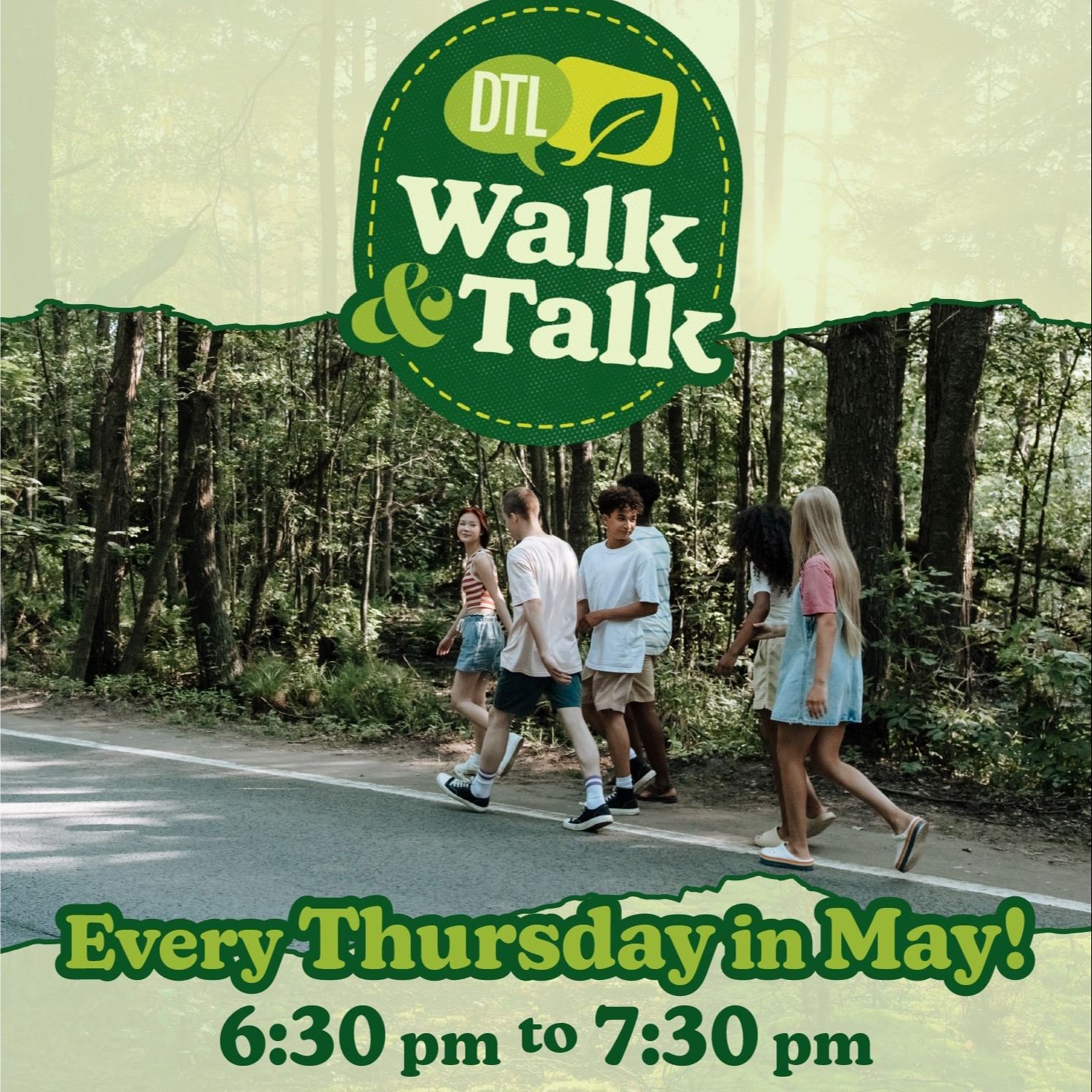 DTL Walk and Talk event with image of people walking on a paved trail