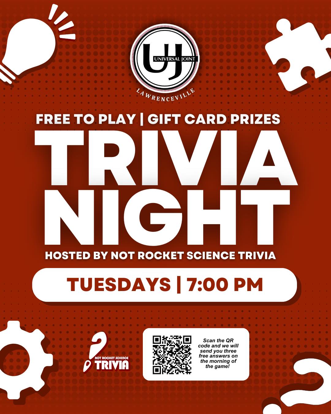 Universal joint Trivia Night on red background with white text