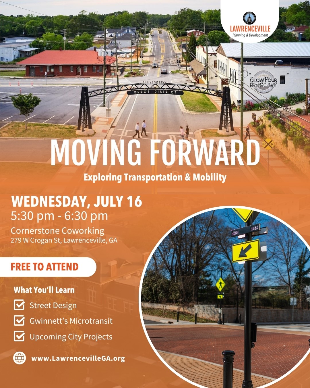 A flyer for Moving Forward event on Wed. July 16 with aerial view of Depot district people crossing 