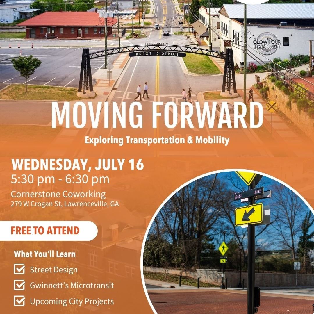 A flyer for Moving Forward event on Wed. July 16 with aerial view of Depot district people crossing 