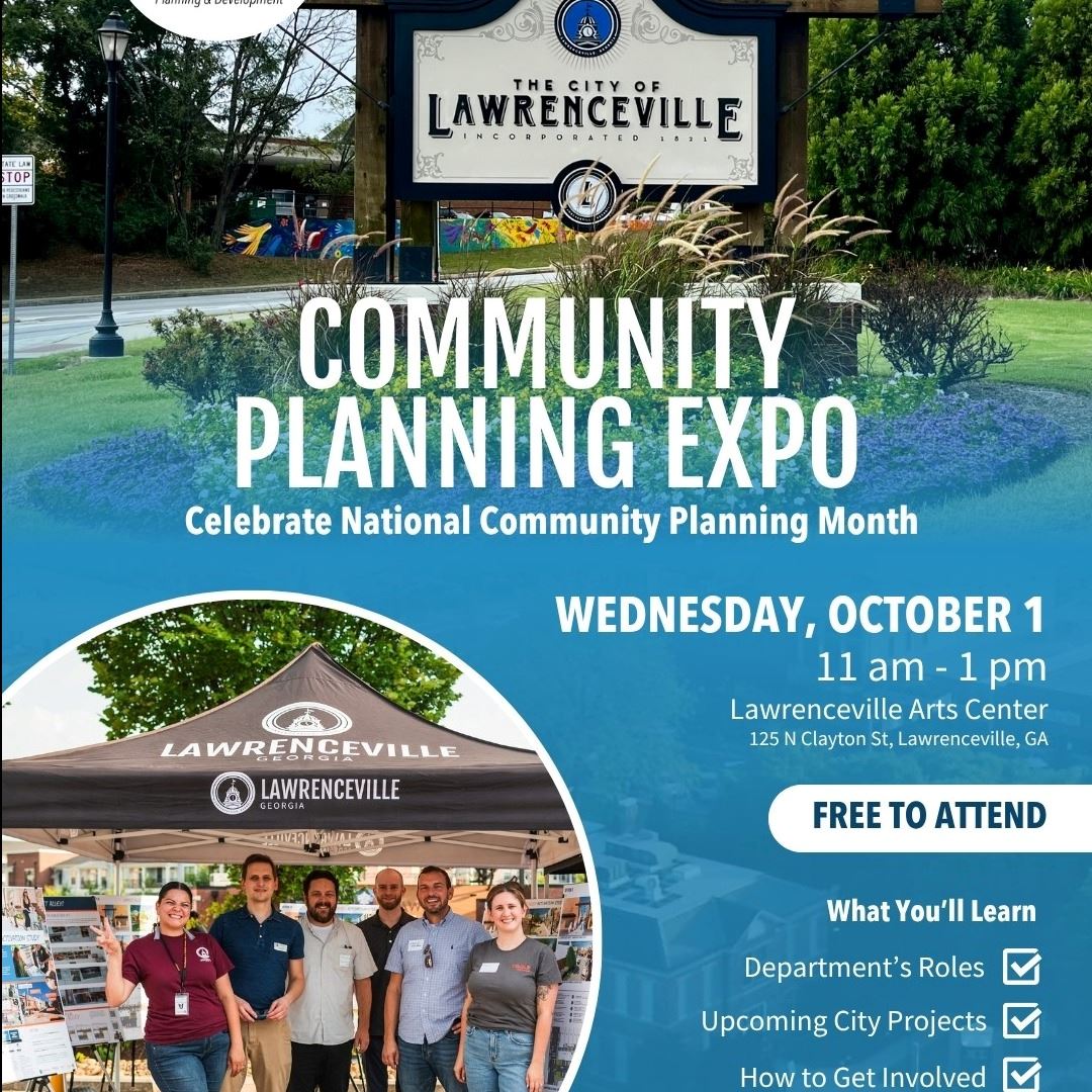 Flyer for Community Planning Expo event on Oct. 1 free with City of Lawrenceville sign and tent