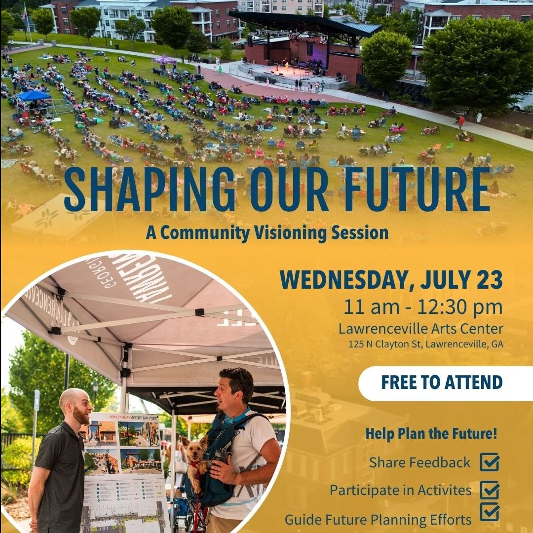 A flyer for the Shaping our Future event on Wednesday July 23 image of Lawrenceville tent and lawn