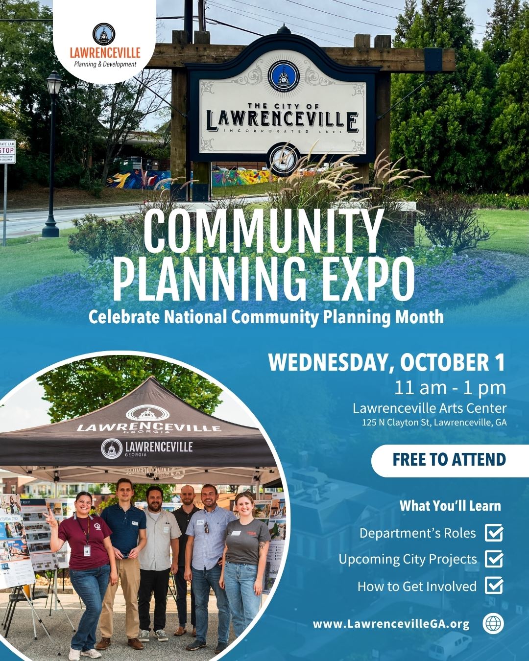 Flyer for Community Planning Expo event on Oct. 1 free with City of Lawrenceville sign and tent