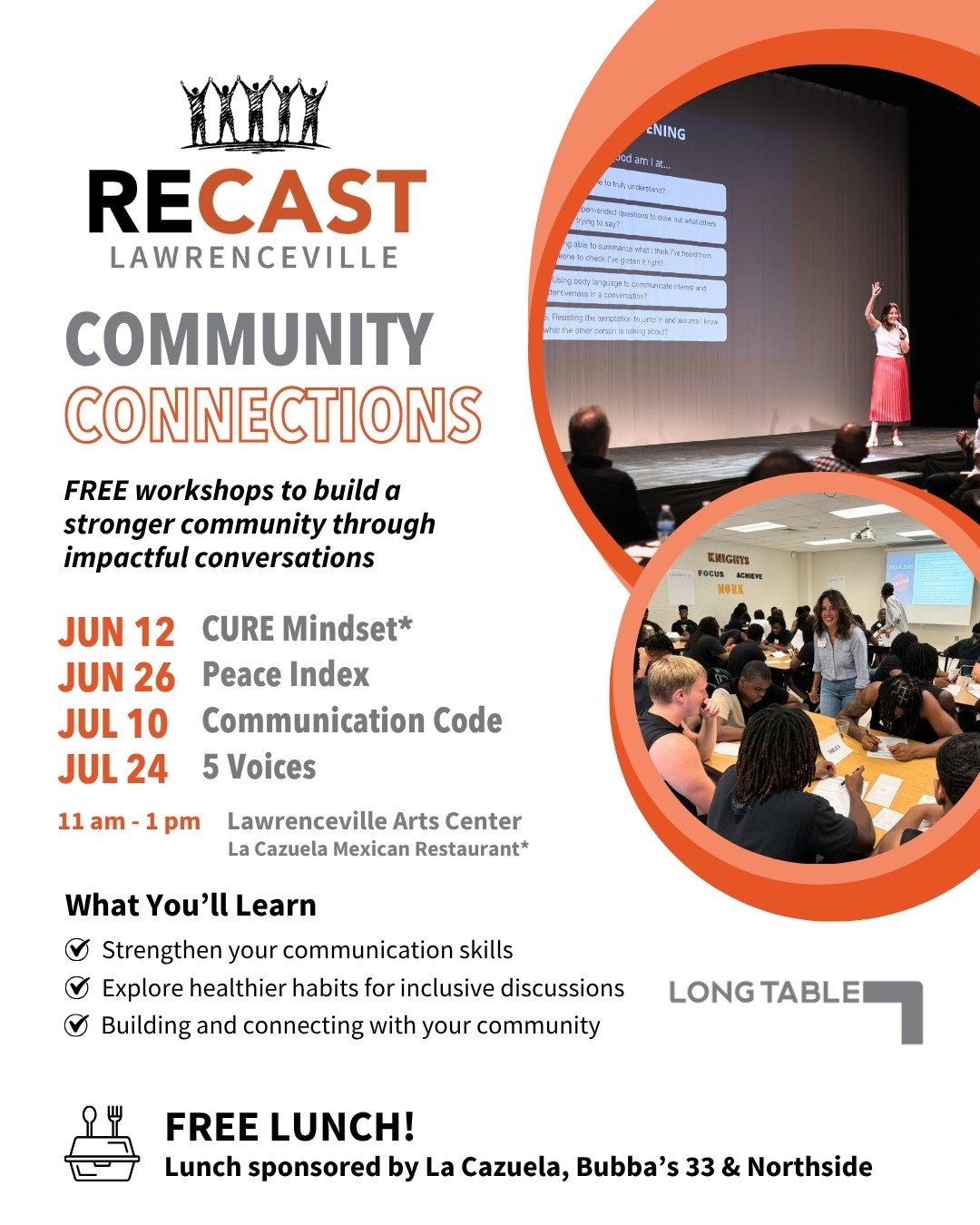Flyer promoting ReCAST Lawrenceville’s free Community Connections workshops focused on communication