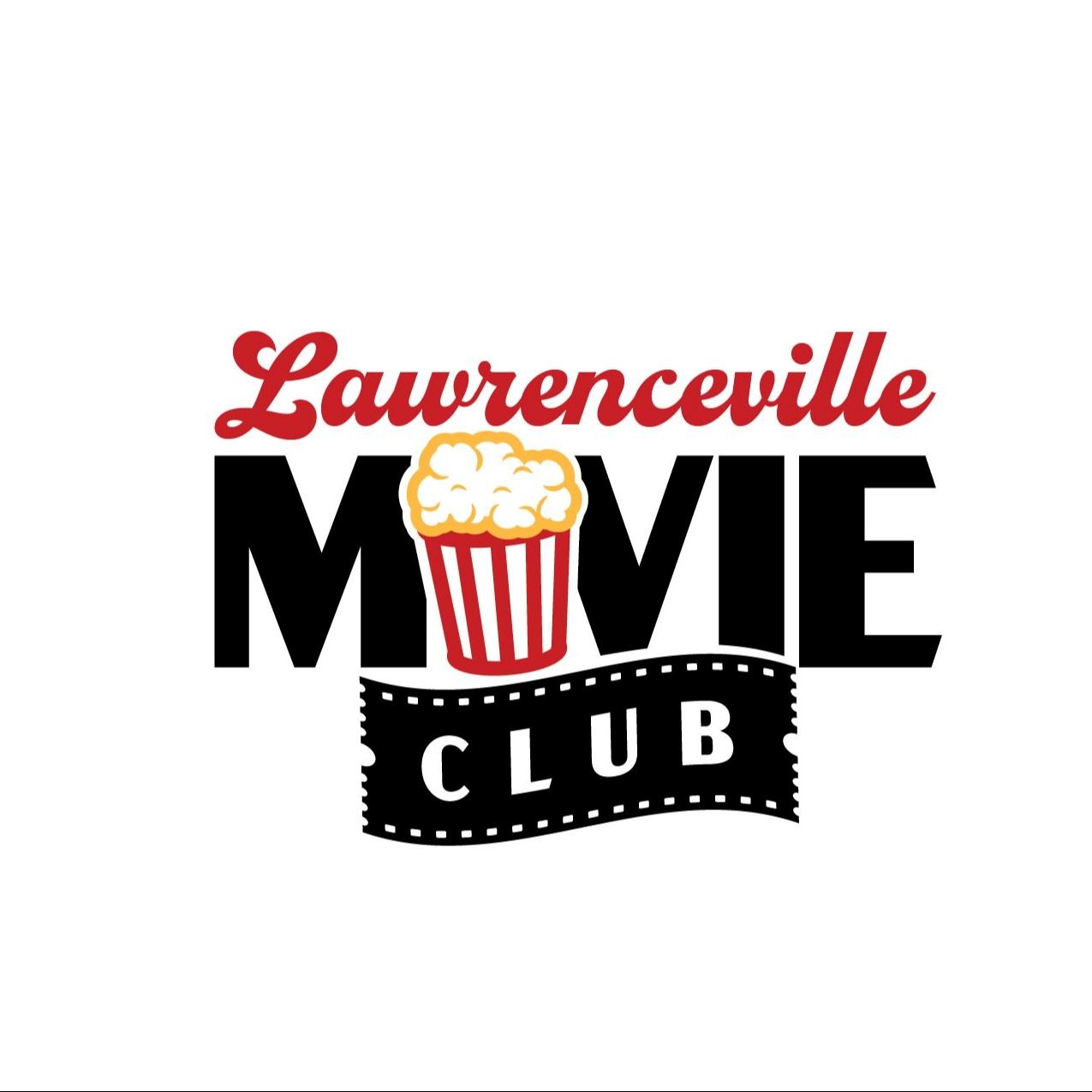 Lawrenceville Movie Club - The word Club and Movie bolded in black the letter O is a popcorn icon