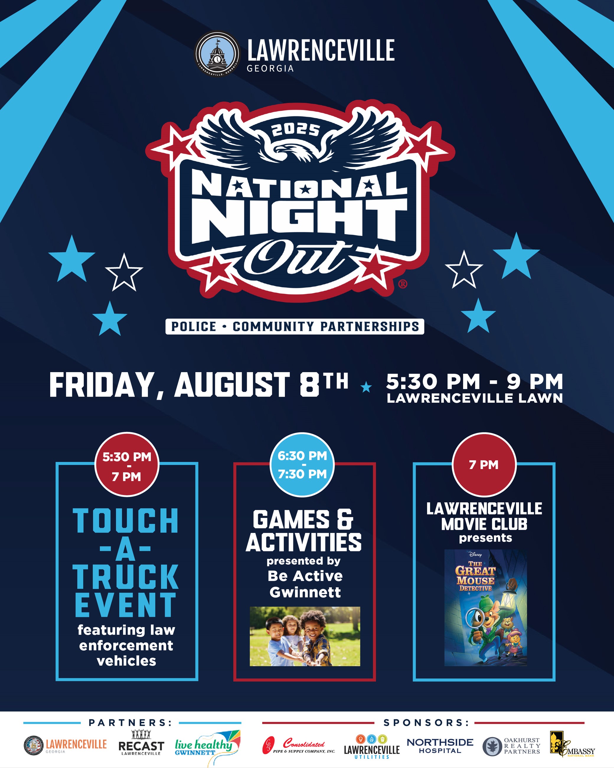 2025 National Night Out_Movie Club_Social flyer - Games and Activities, touch a truck, movie club