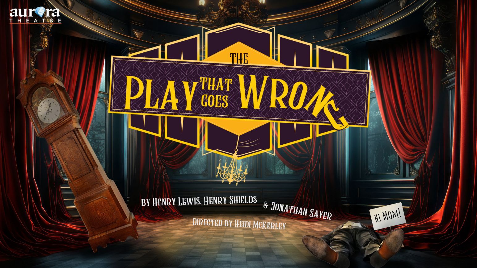 Play that goes wrong title inside of a stage opened curtain background and a falling standing clock 