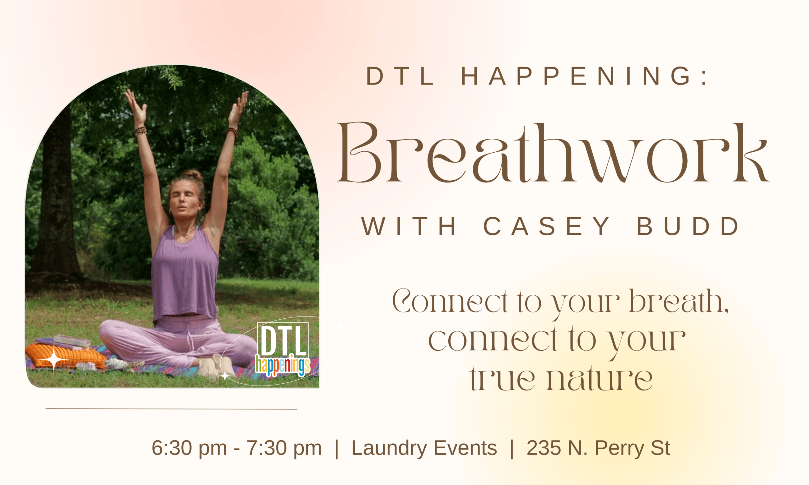 Graphic promoting breathwork workshop with Casey Budd