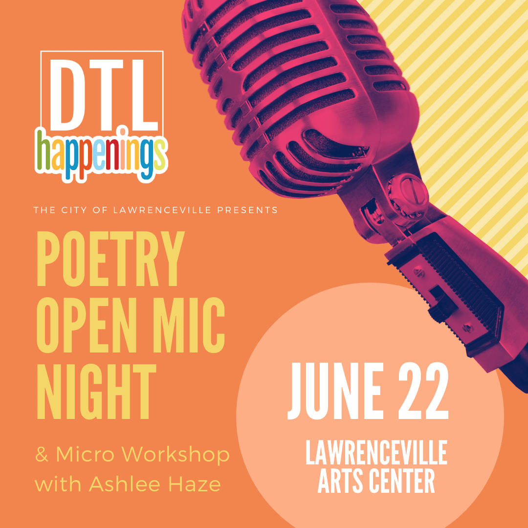 Orange and yellow graphic with a microphone highlighting a poetry night