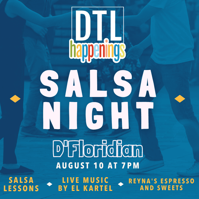 DTL Happening Salsa Night graphic with people dancing in the background and event details